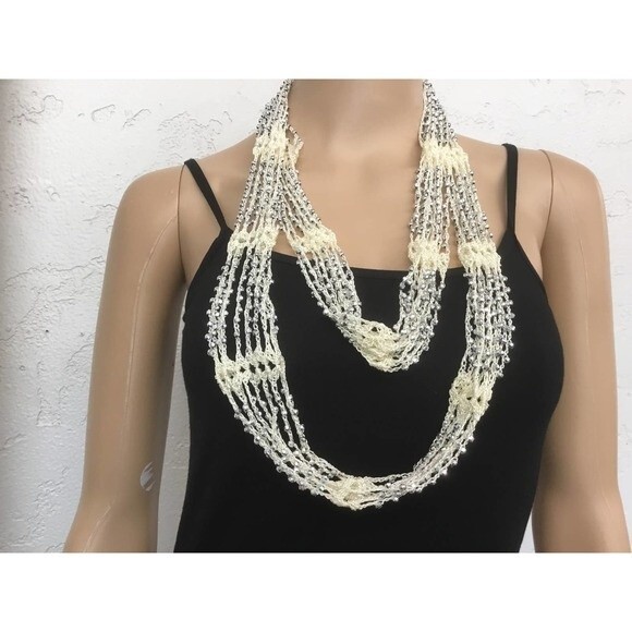 Ivory Crocheted Beaded Infinity Scarf - Picture 1 of 3